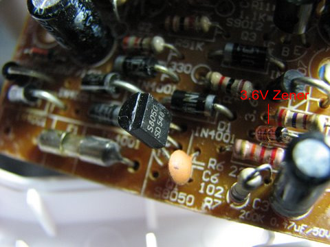 The 3.6V zener diode feeds into the base of the S8050 transistor via a 
